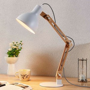 Vidiecka stolná lampa drevená s bielou - Shivanja
