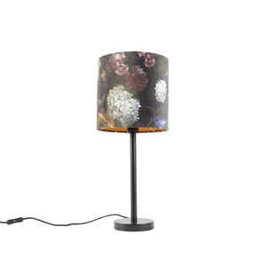 Romantická stolná lampa čierna s kvetinovým tienidlom 25 cm - Simplo