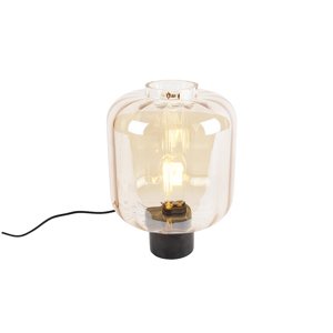 Dizajnová stolná lampa čierna s jantárovým sklom - Qara