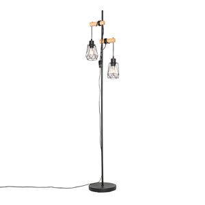 Rustikálna stojaca lampa čierna s drevom 2-svetlo s tienidlom - Dami Frame