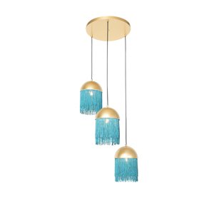 Orientálna závesná lampa zlatá so zelenými strapcami 3-svetlá - Fringle