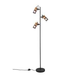 Priemyselná stojaca lampa čierna s dreveným 3-svetlom - Manon