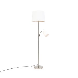 Klasická stojaca lampa oceľ s bielym tienidlom a lampou na čítanie - Retro