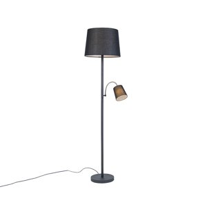 Klasická stojaca lampa čierna s čiernym tienidlom a lampou na čítanie - Retro