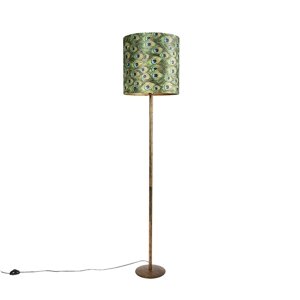 Vintage stojaca lampa zlatá s tienidlom s pávím vzorom 40 cm - Simplo