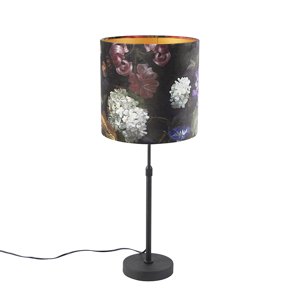 Stolná lampa čierna s tienidlom z velúru s kvetmi so zlatom 25 cm - Parte