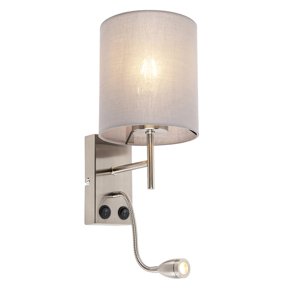 Moderná nástenná lampa oceľ s sivým bavlneným tienidlom - Stacca