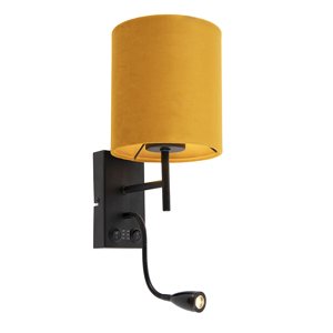 Nástenná lampa čierna s plyšovým žltým tienidlom - Stacca