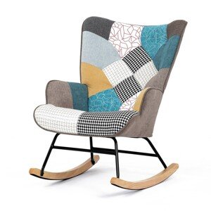 Autronic HOJDACIE KRESLO - patchwork látka, drevené nohy z masívu kaučukovníka, textil + drevo + kov
